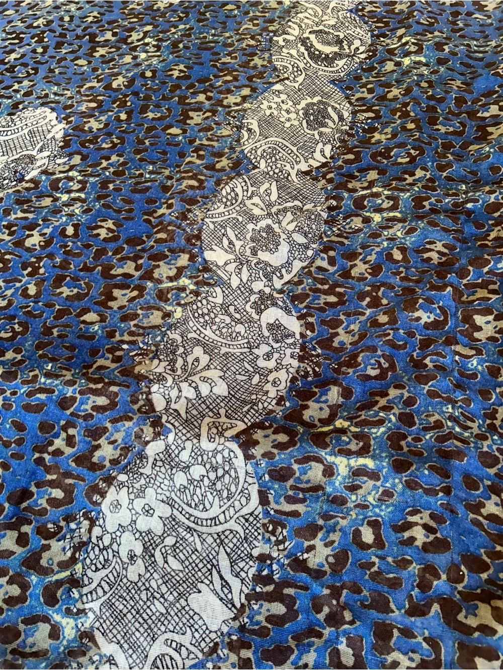 Blue and Brown Leopard Lace-Accent Scarf Wrap 29“ x 35“ double material